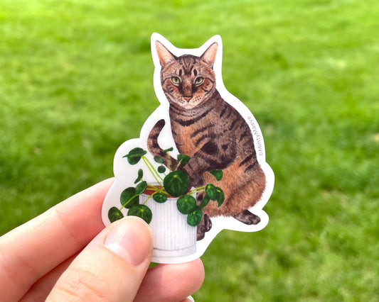 Brown Tabby Cat with Pilea Plant Waterproof Sticker