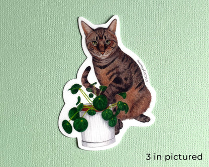 Brown Tabby Cat with Pilea Plant Waterproof Sticker