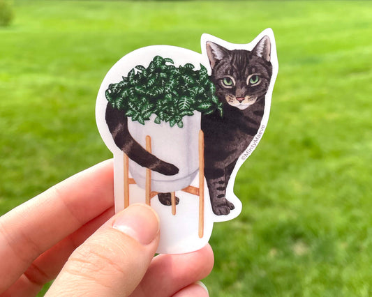 Gray Tabby Cat with Fittonia Plant Waterproof Sticker