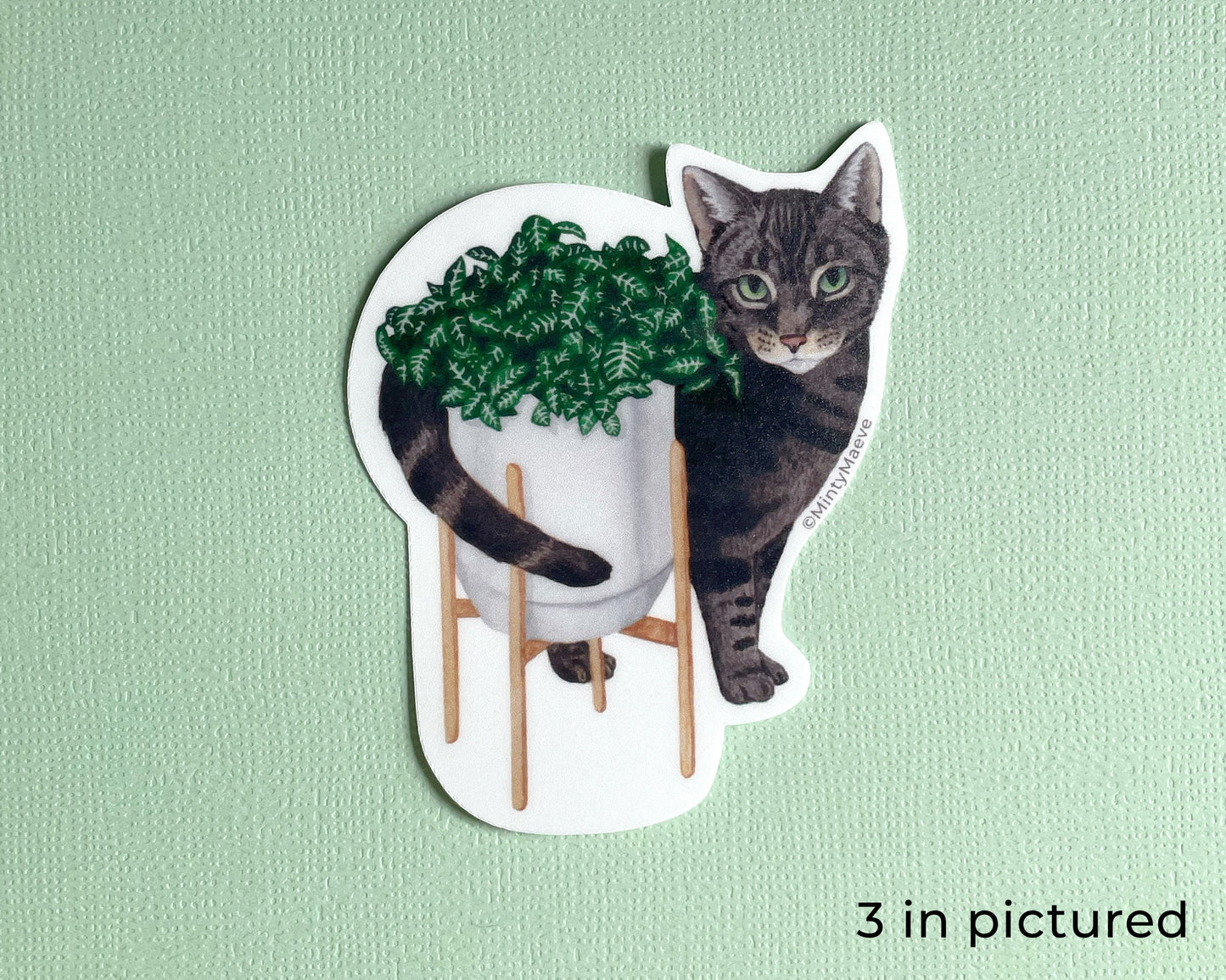 Gray Tabby Cat with Fittonia Plant Waterproof Sticker