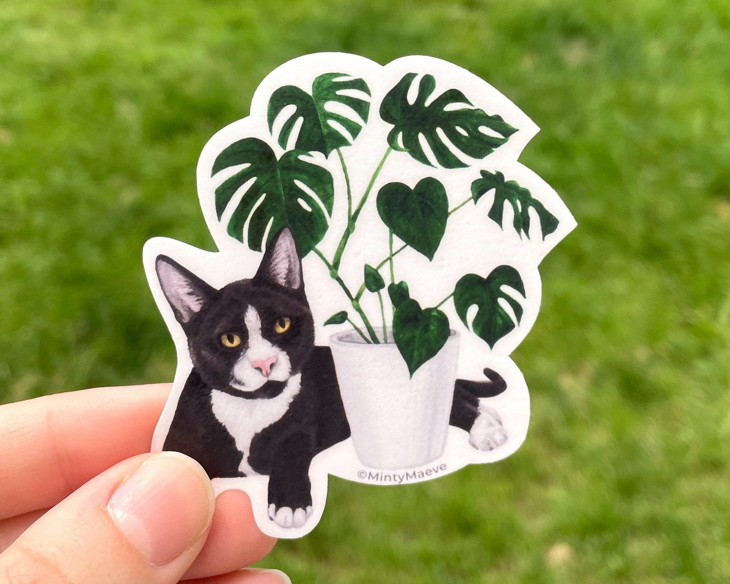 Tuxedo Cat with Monstera Waterproof Sticker