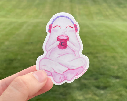 Pink Ghost With Coffee Waterproof Sticker