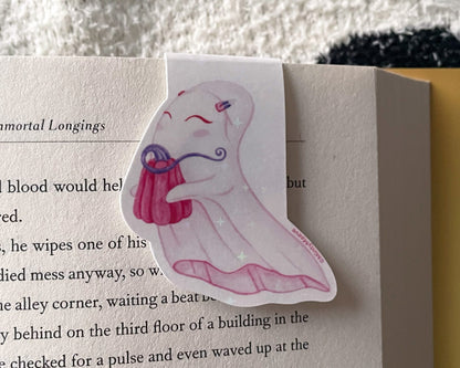 Pink Ghost with Pumpkin Magnetic Bookmark