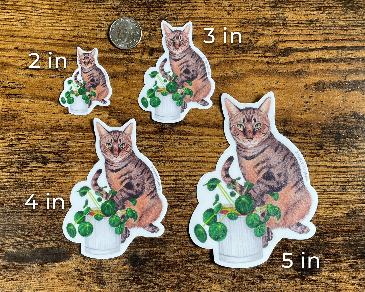 Brown Tabby Cat with Pilea Plant Waterproof Sticker