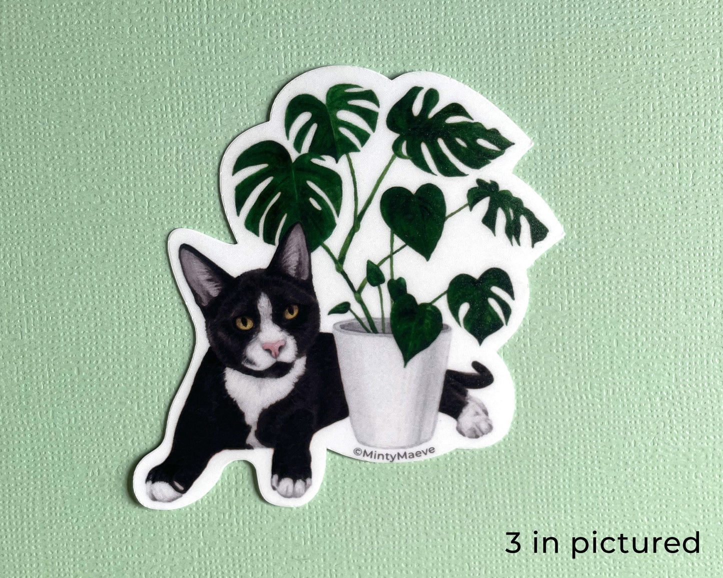 Tuxedo Cat with Monstera Waterproof Sticker