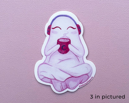 Pink Ghost With Coffee Waterproof Sticker