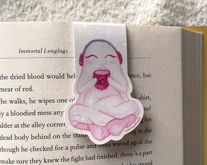 Pink Ghost Drinking Coffee Magnetic Bookmark