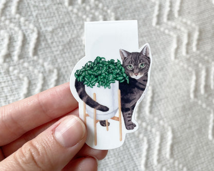 Gray Tabby Cat with Fittonia Plant Magnetic Bookmark