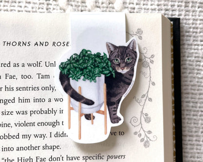 Gray Tabby Cat with Fittonia Plant Magnetic Bookmark