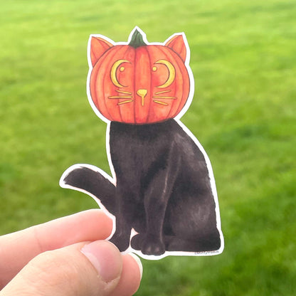 Black Cat Wearing Pumpkin Head Waterproof Sticker