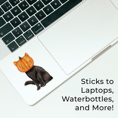 Black Cat Wearing Pumpkin Head Waterproof Sticker