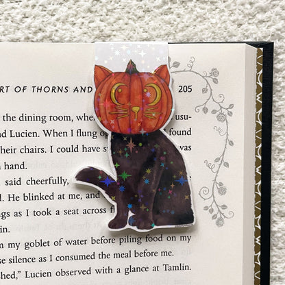 Black Cat Wearing Pumpkin Head Magnetic Bookmark