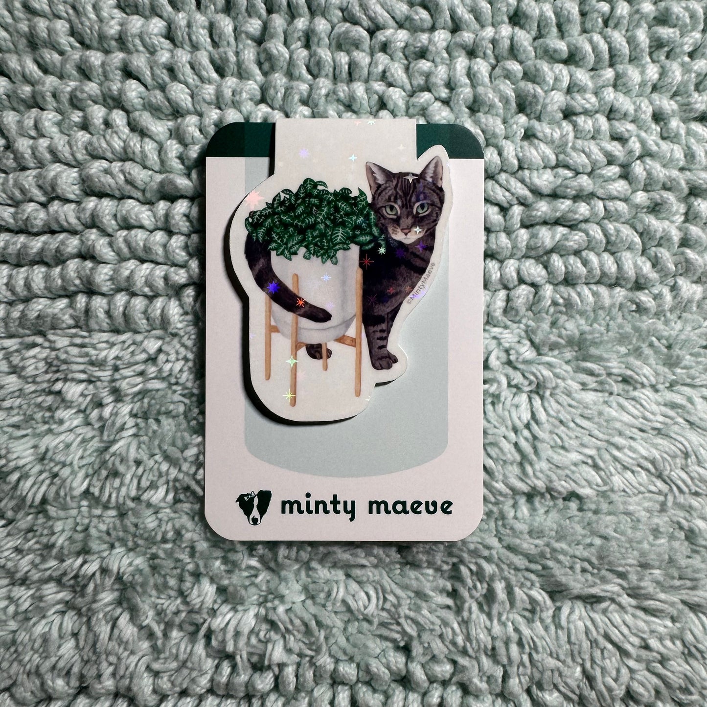 Gray Tabby Cat with Fittonia Plant Magnetic Bookmark