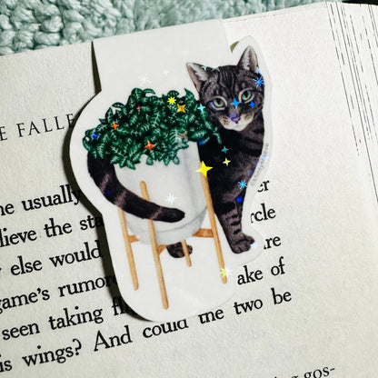 Gray Tabby Cat with Fittonia Plant Magnetic Bookmark