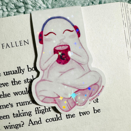 Pink Ghost Drinking Coffee Magnetic Bookmark